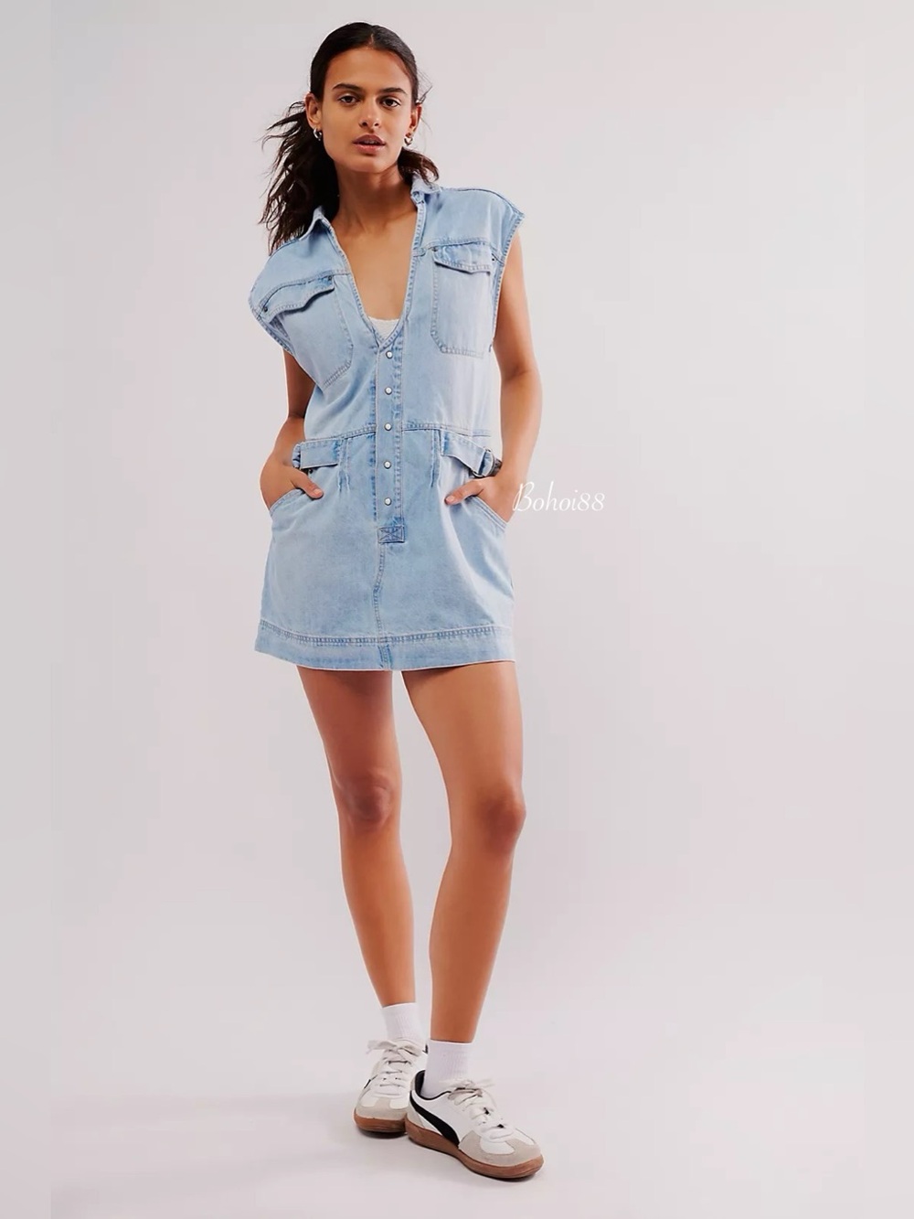 NWT Free People Rowley Denim Mini Dress Belted Button Front Plunge V-Neck - Picture 4 of 11